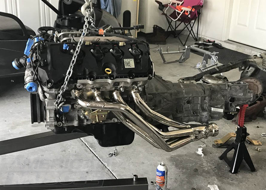 Coyote Swap in Progress with Long Tube Chrome Headers