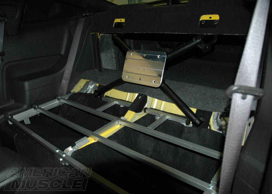 Mustang Rear Seat X-Brace Installed with a Plate